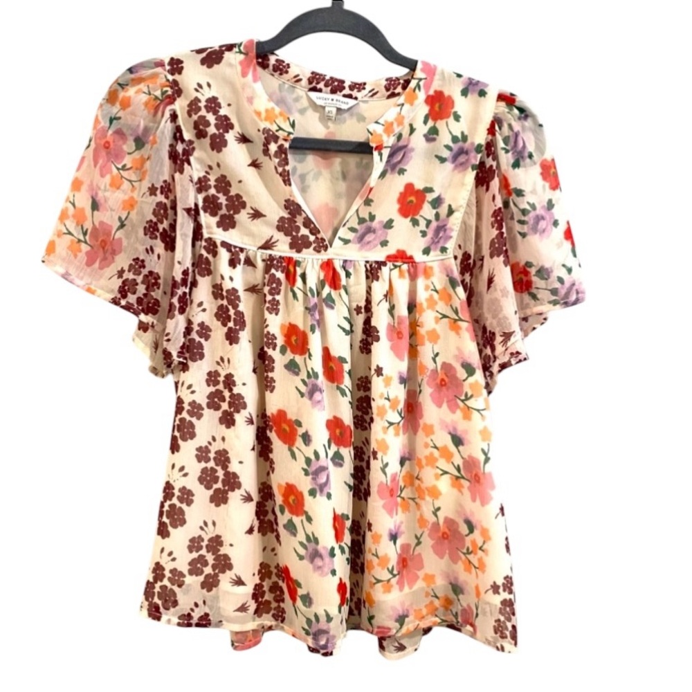 Lucky Brand Floral Short Sleeve Blouse - XS